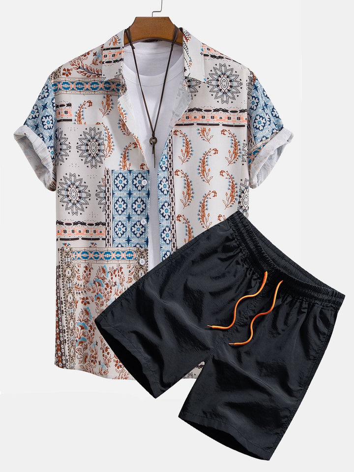 Veron – Scarf Print Shirt with Buttons and Swim Shorts
