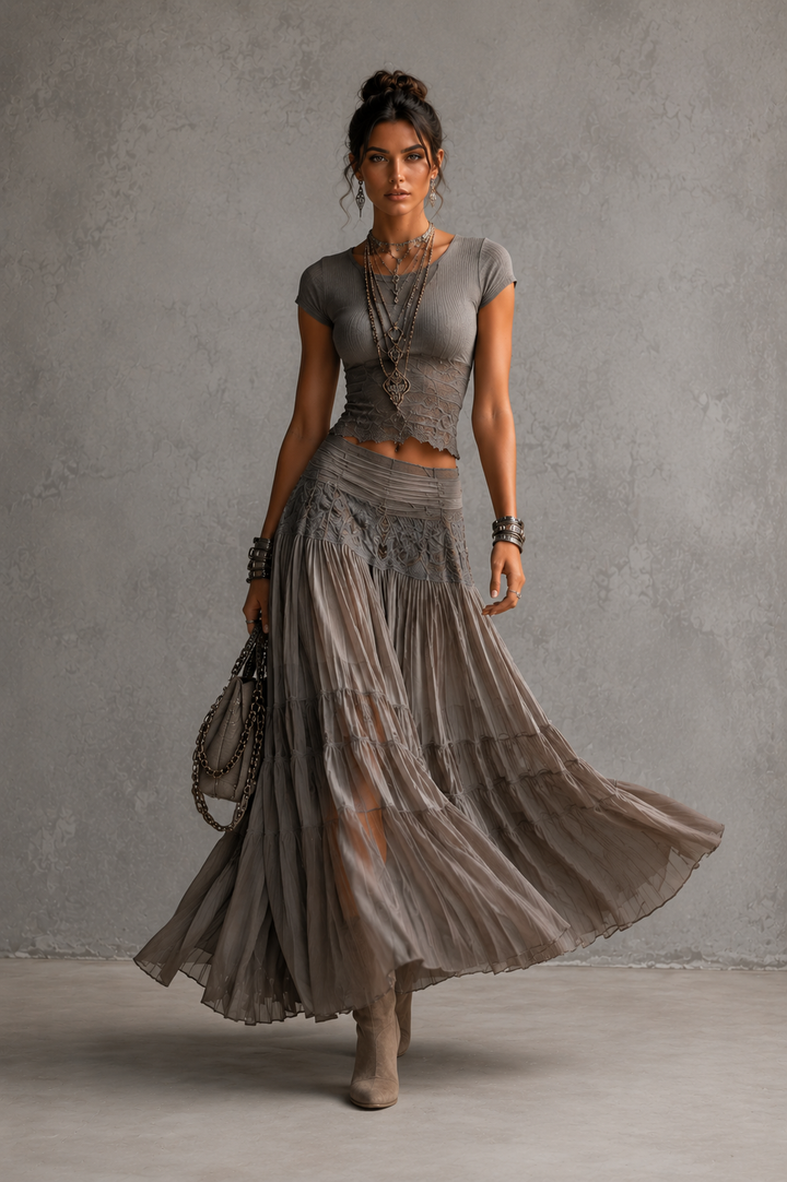 Lisa Lace-Paneled Top and Pleated Maxi Skirt Set