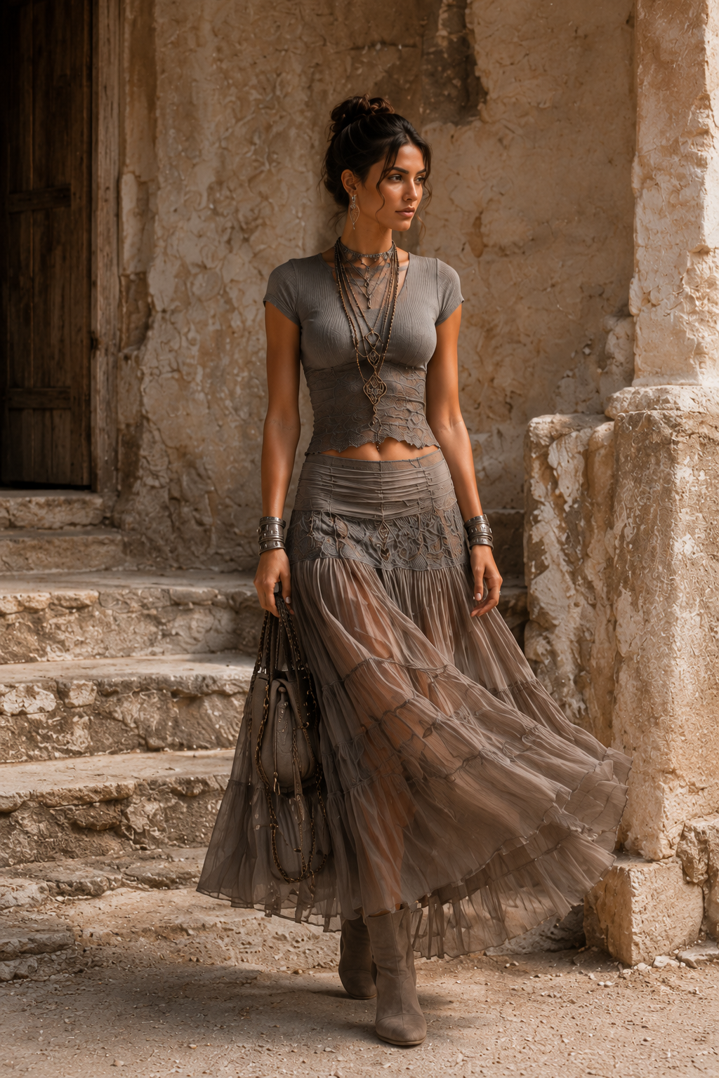 Lisa Lace-Paneled Top and Pleated Maxi Skirt Set