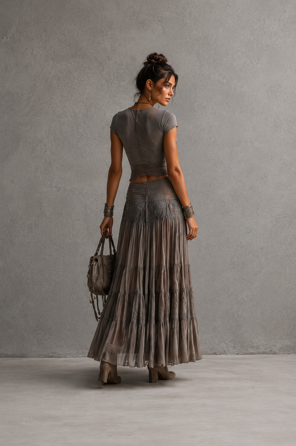 Lisa Lace-Paneled Top and Pleated Maxi Skirt Set
