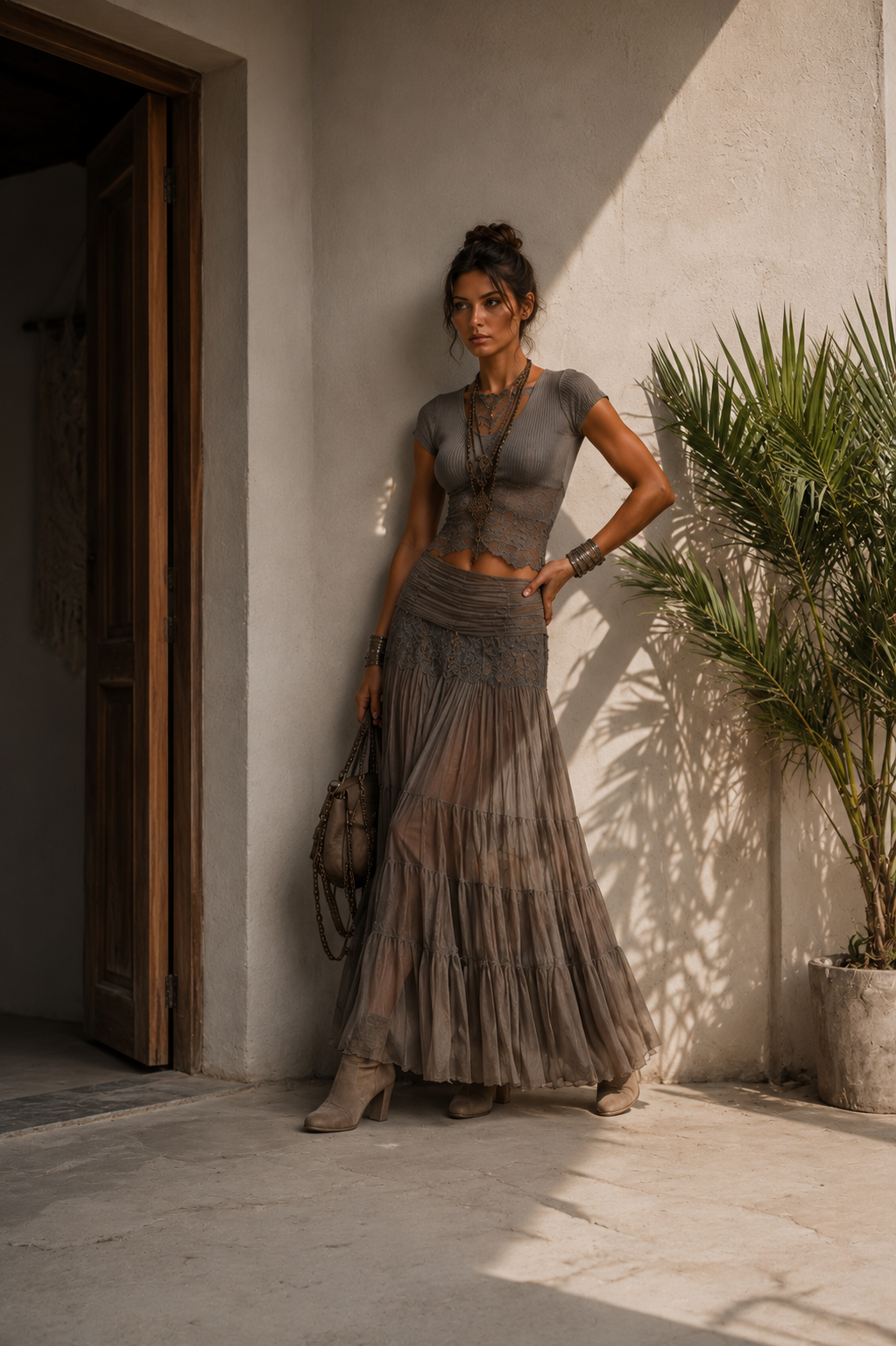 Lisa Lace-Paneled Top and Pleated Maxi Skirt Set