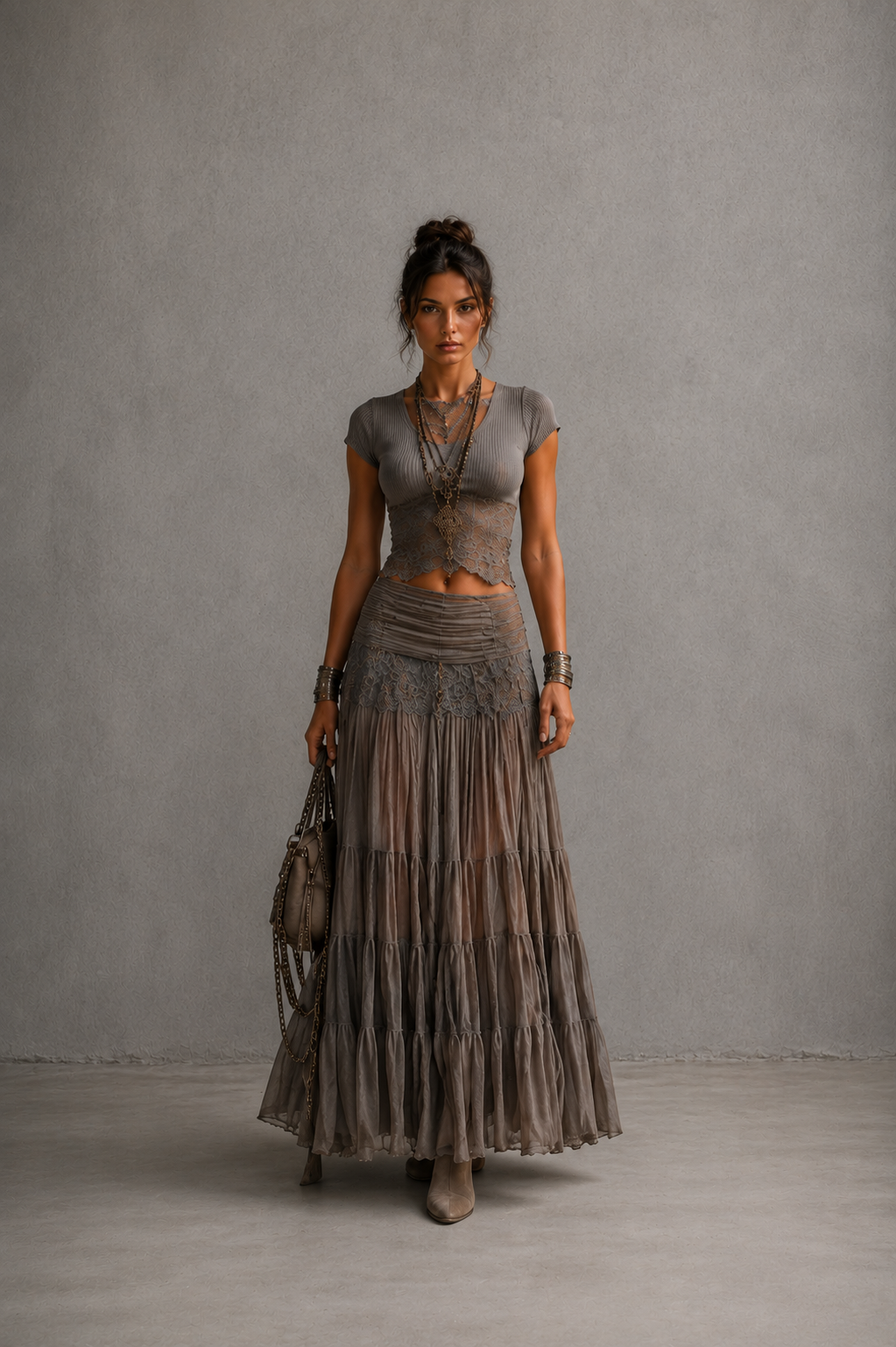 Lisa Lace-Paneled Top and Pleated Maxi Skirt Set