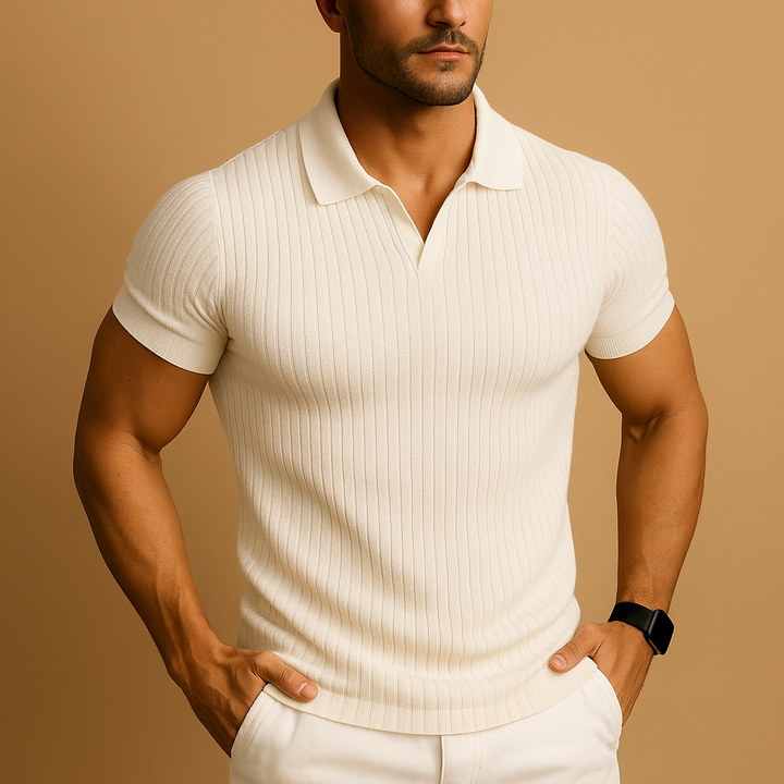 Renvaro - Men's Slim Fit Polo Shirt with V-Neck, Short Sleeve
