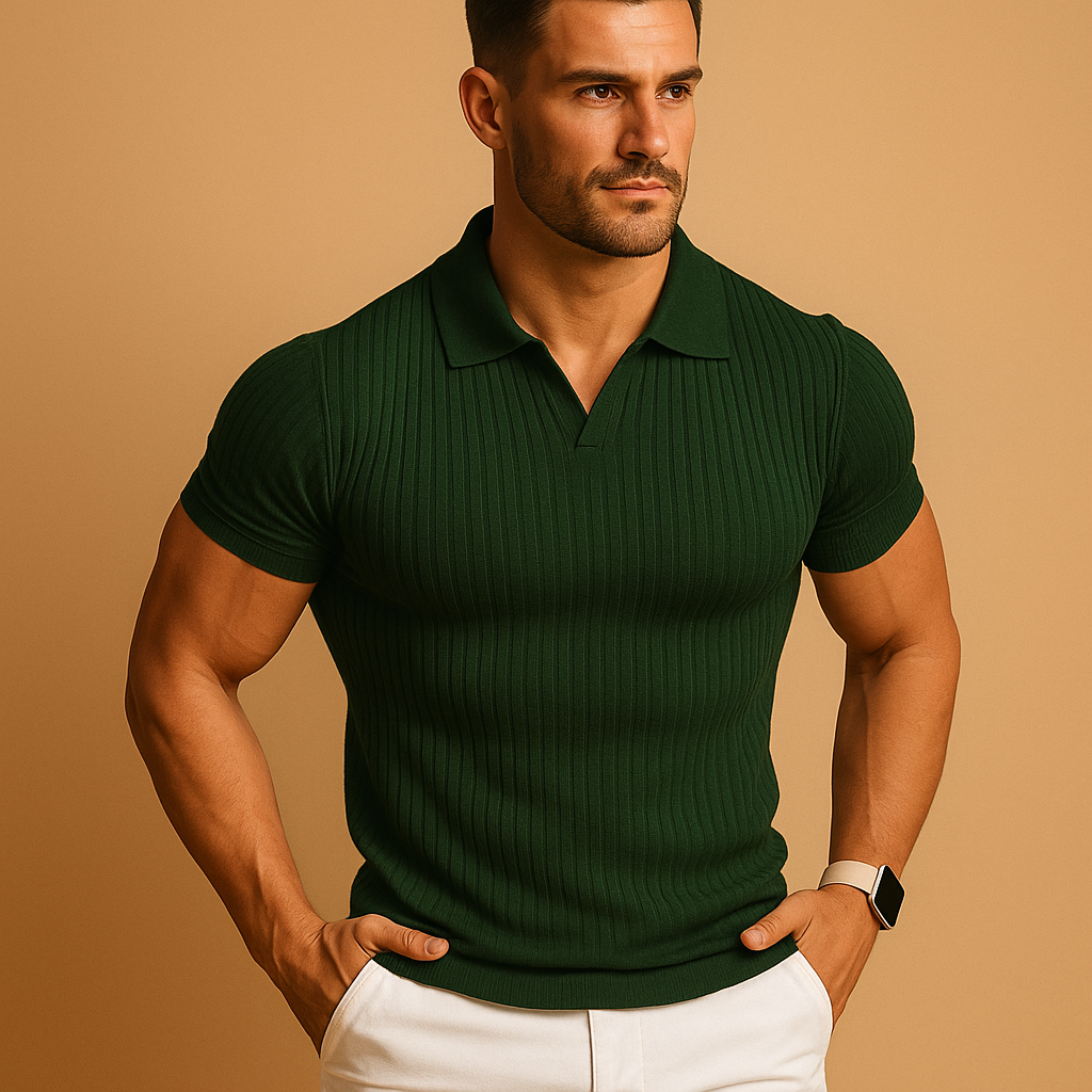 Renvaro - Men's Slim Fit Polo Shirt with V-Neck, Short Sleeve