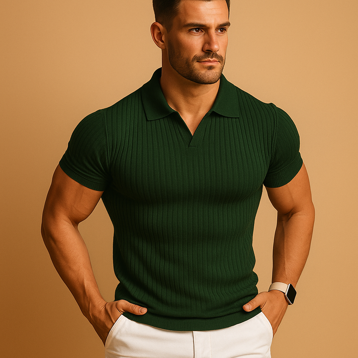 Renvaro - Men's Slim Fit Polo Shirt with V-Neck, Short Sleeve